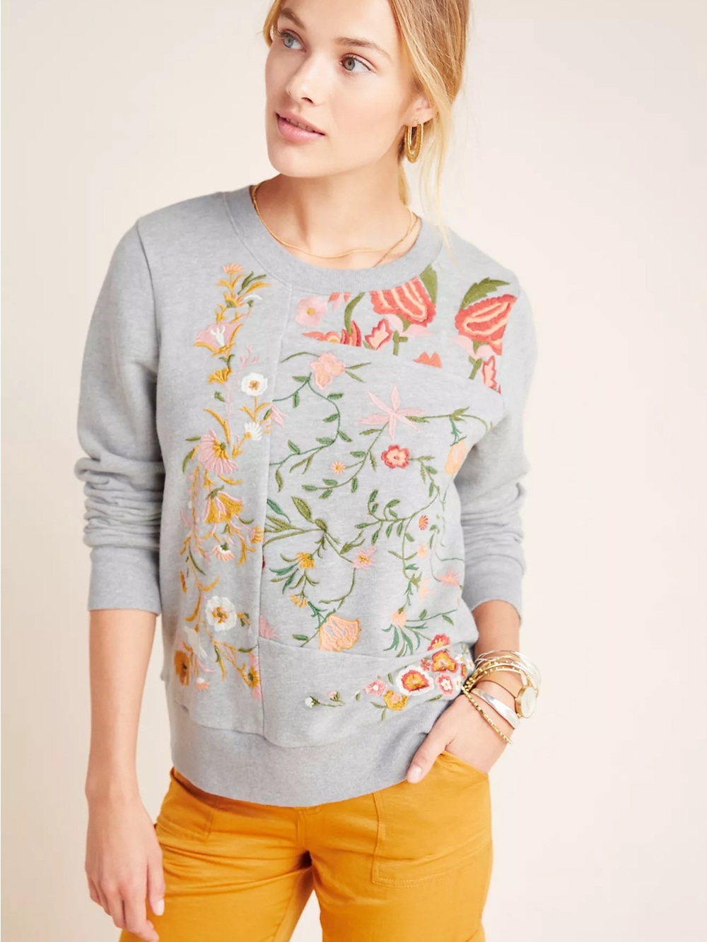 Anthropologie Light Gray Sweatshirt with Multicolor Floral Embroidery - Picture 3 of 11